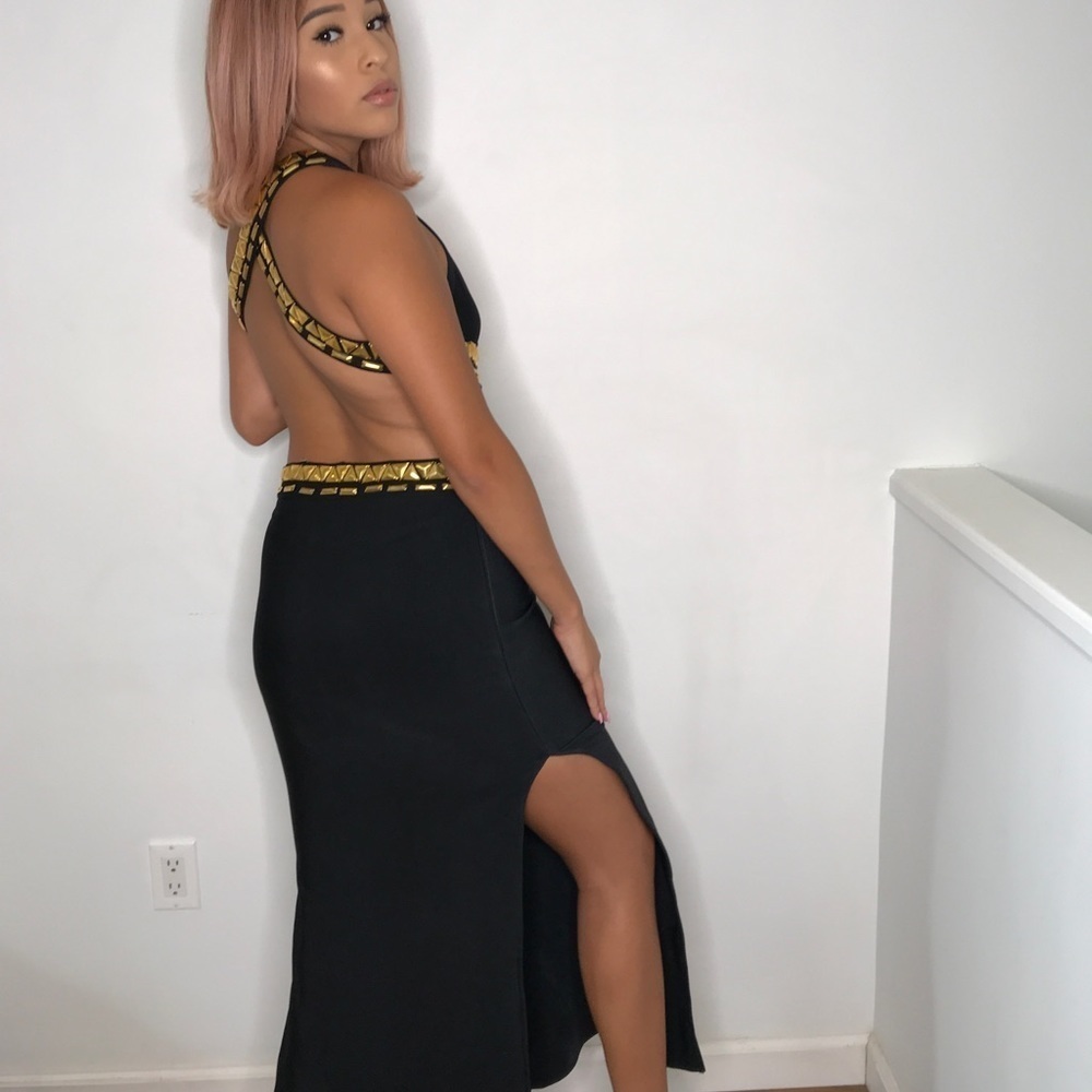 Black BodyCon gold metal full length cut out gown